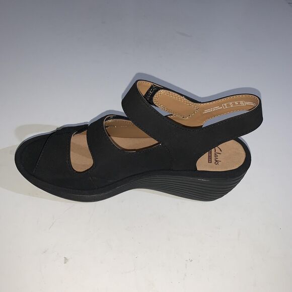 Clarks Sandals Womens Size 7.5 Black Reedly Juno Wedge Platform Comfort Leather - Picture 3 of 10